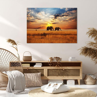 Bilder auf Leinwand 100x70cm Leinwandbild Elefanten Safari Dschungel Busch Gross Wanddeko Bild Schla