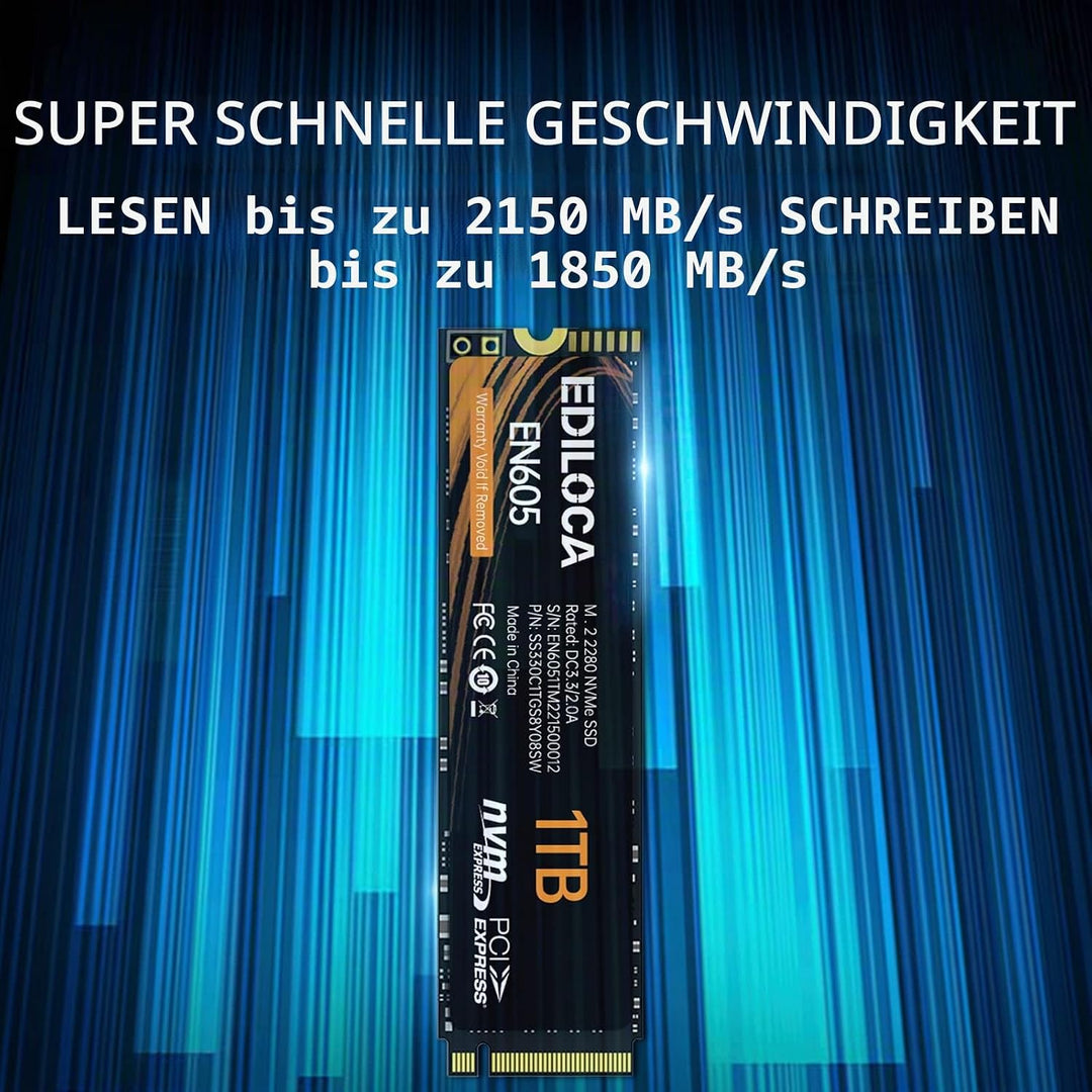Ediloca EN605 1TB M.2 SSD, NVMe1.3 PCIe Gen3.0x4 SSD 3D NAND TLC interne Festplatte, M.2 2280 - Lese