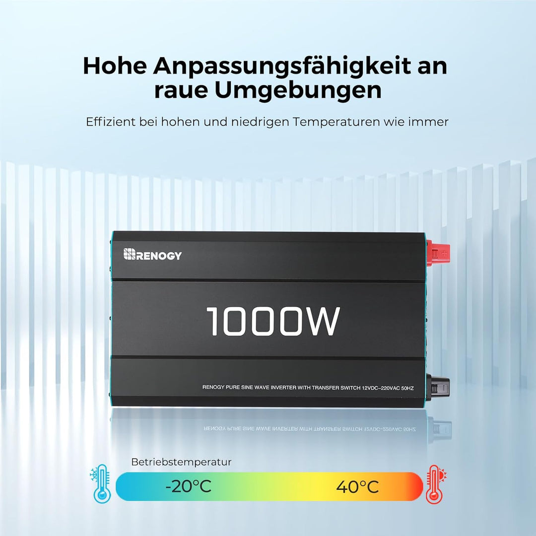 Renogy 1000W/2000W Reiner Sinus Wechselrichter mit Netzvorrangschaltung, 12V zu 230V Spannungswandle