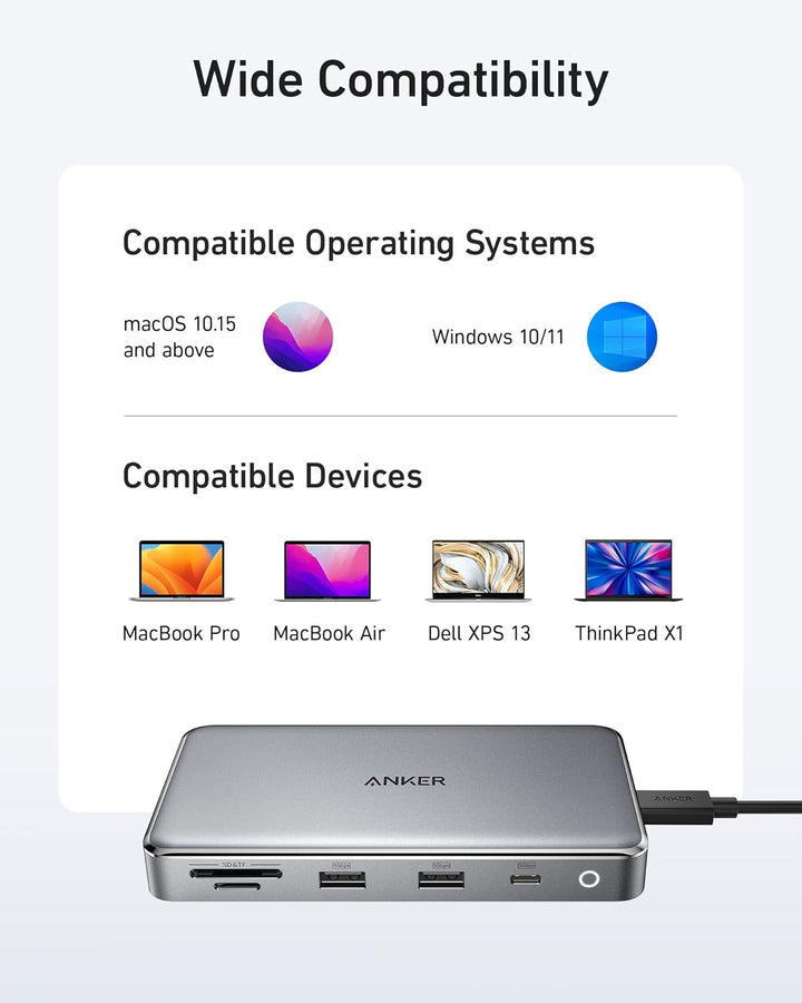 Anker 563 USB-C Hub 10-in-1 (Dual 4K HDMI, für MacBook) Dockingstation Zwei Monitore, mit max 100W P