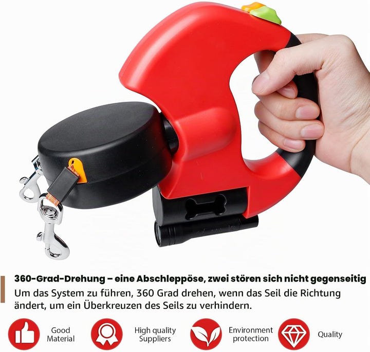Doppelleine für 2 Hunde - 3 Meter, Einziehbare und Ausziehbare Hundeleine mit Lichtfunktion, Ergonom