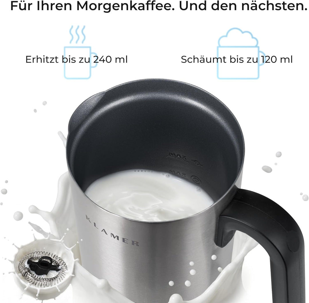 KLAMER Milchaufschäumer Elektrisch, Milchschäumer 500W, 4 Funktionen: Warm & Kalt Aufschäumen, Heiss
