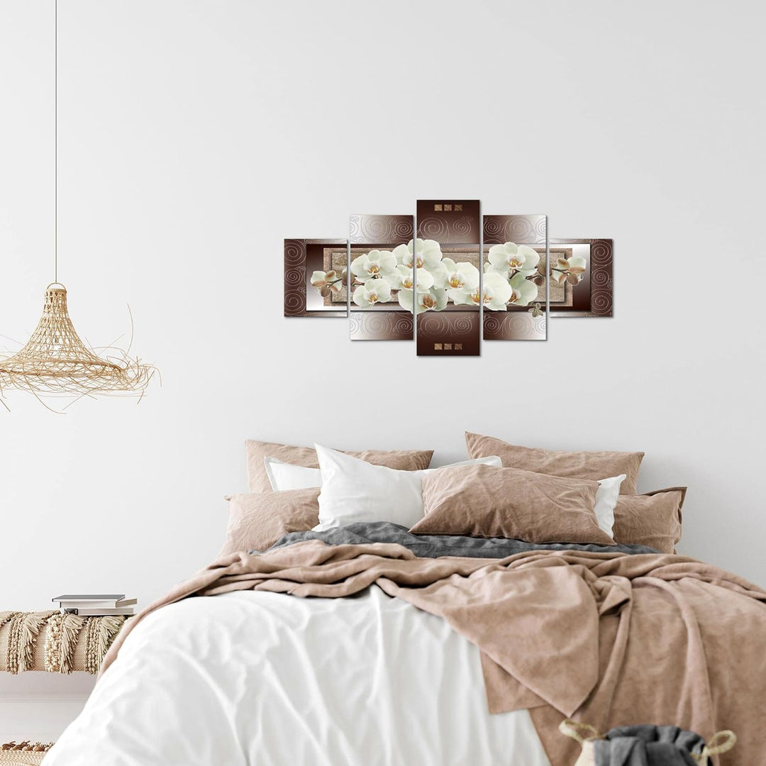 Runa Art Wandbilder Blumen Orchidee 5 Teilig Bild auf Vlies Leinwand Deko Wohnzimmer Abstrakt Beige