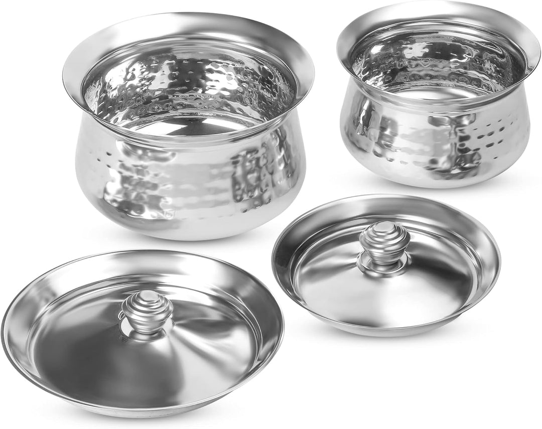 KSJONE Biryani Handi Set aus Edelstahl,Premium Stahl gehämmerte Oberfläche, Patila Handi,mit gehämme