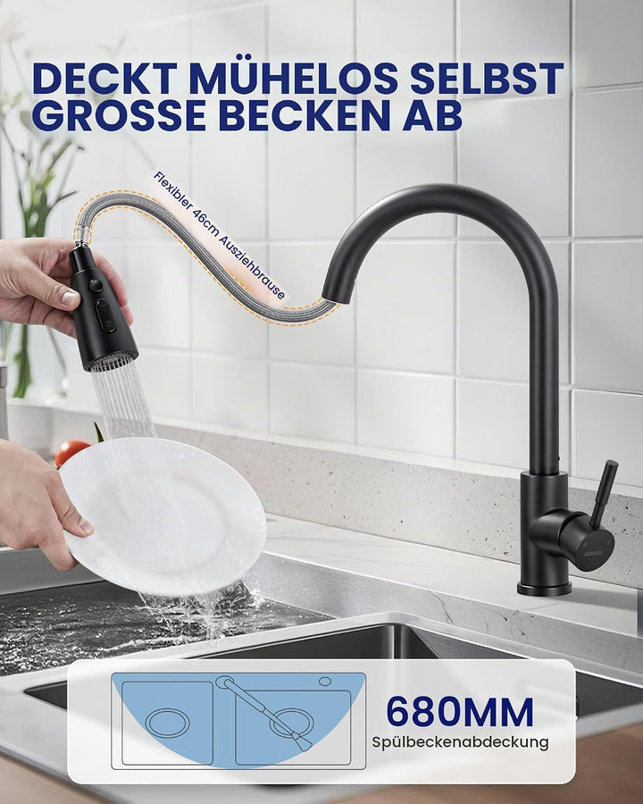 ARCORA Wasserhahn Küche, Hochdruck Küchenarmatur Ausziehbar aus Edelstahl mit M24 Aerator Wasserspar