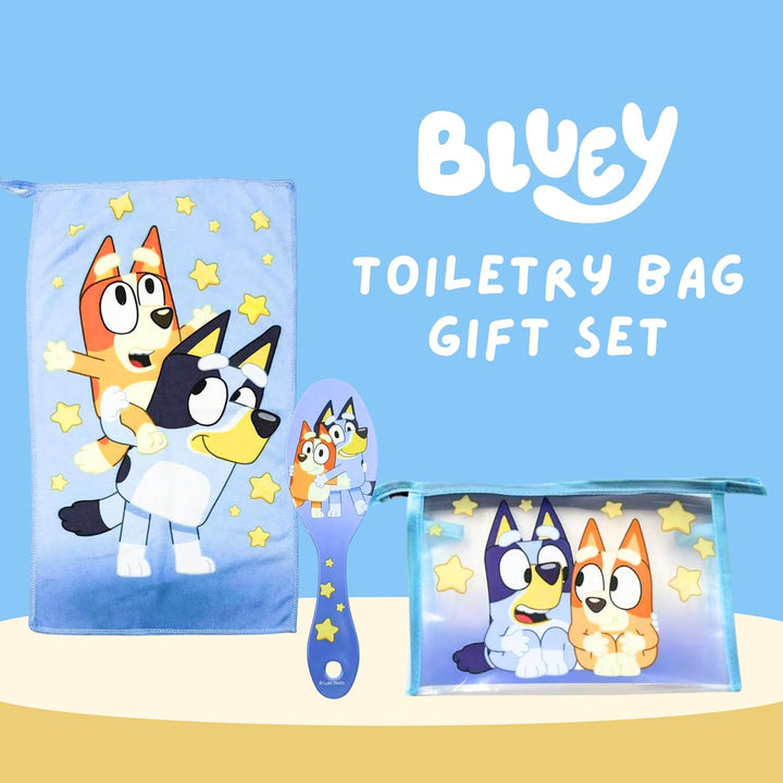 Bluey Kulturbeutel für Kinder, Design Bluey und Bingo Inklusive Haarbürste, Handtuch, Geldbörse, PVC