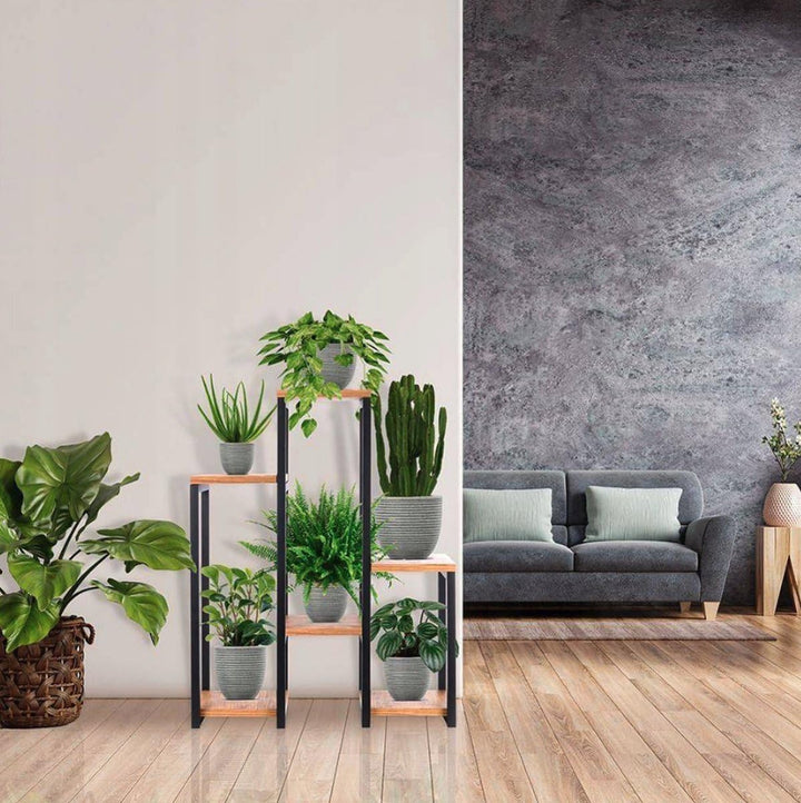 WDMT Rechteckiger Pflanzentisch aus Metall mit Holzregalen von Naturn Living – Blumenregal für drinn