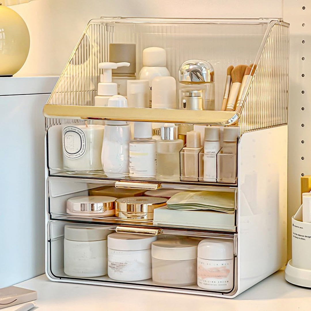 Grosse Make-up-Aufbewahrungsbox, 3-stöckig – Kosmetik-Organizer für die Theke mit Deckel, Schminktis