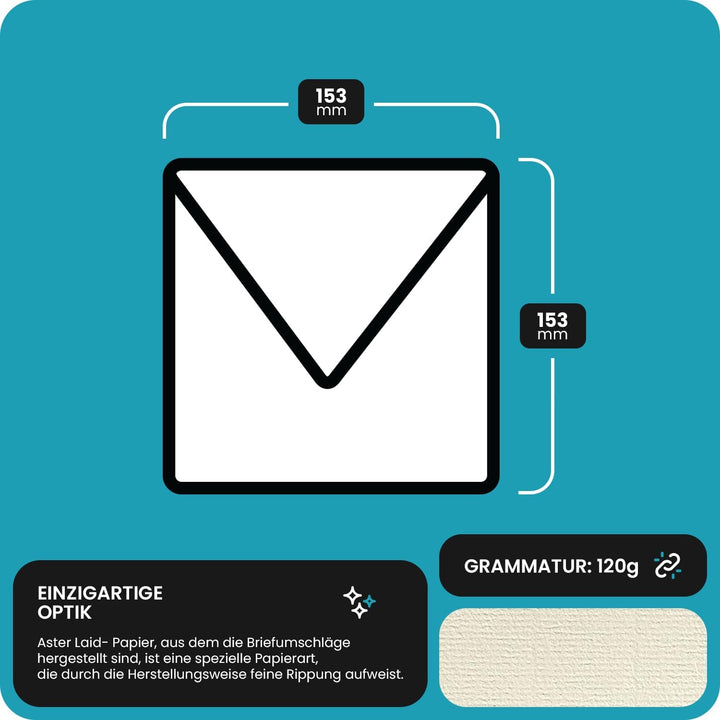 Netuno 500 quadratische Briefumschläge Ecru gerippt 15,3 x 15,3 cm 120g Aster Laid Ivory strukturier