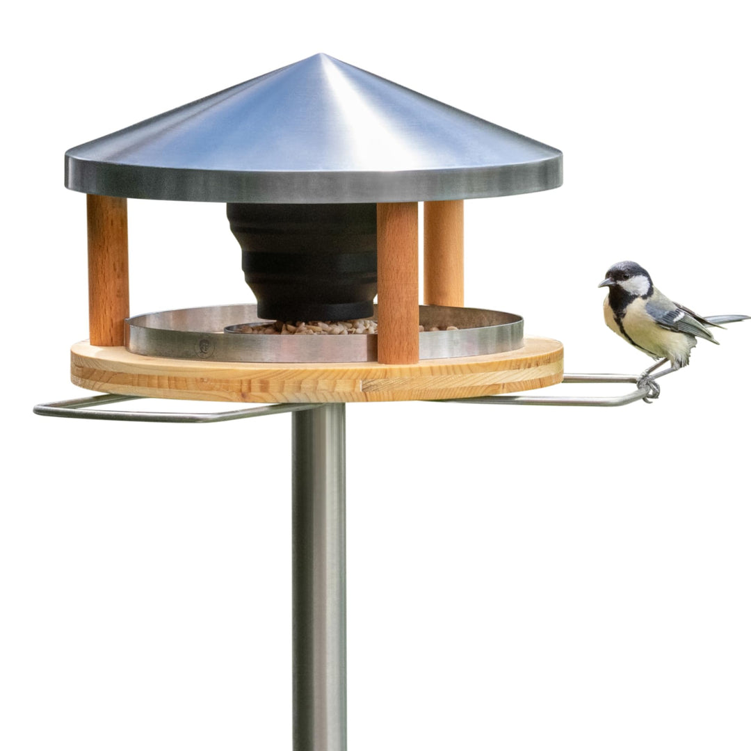 Vogelhaus mit Ständer wetterfest aus Edelstahl - Stabiles Vogelfutterhaus für draussen, modern aus M