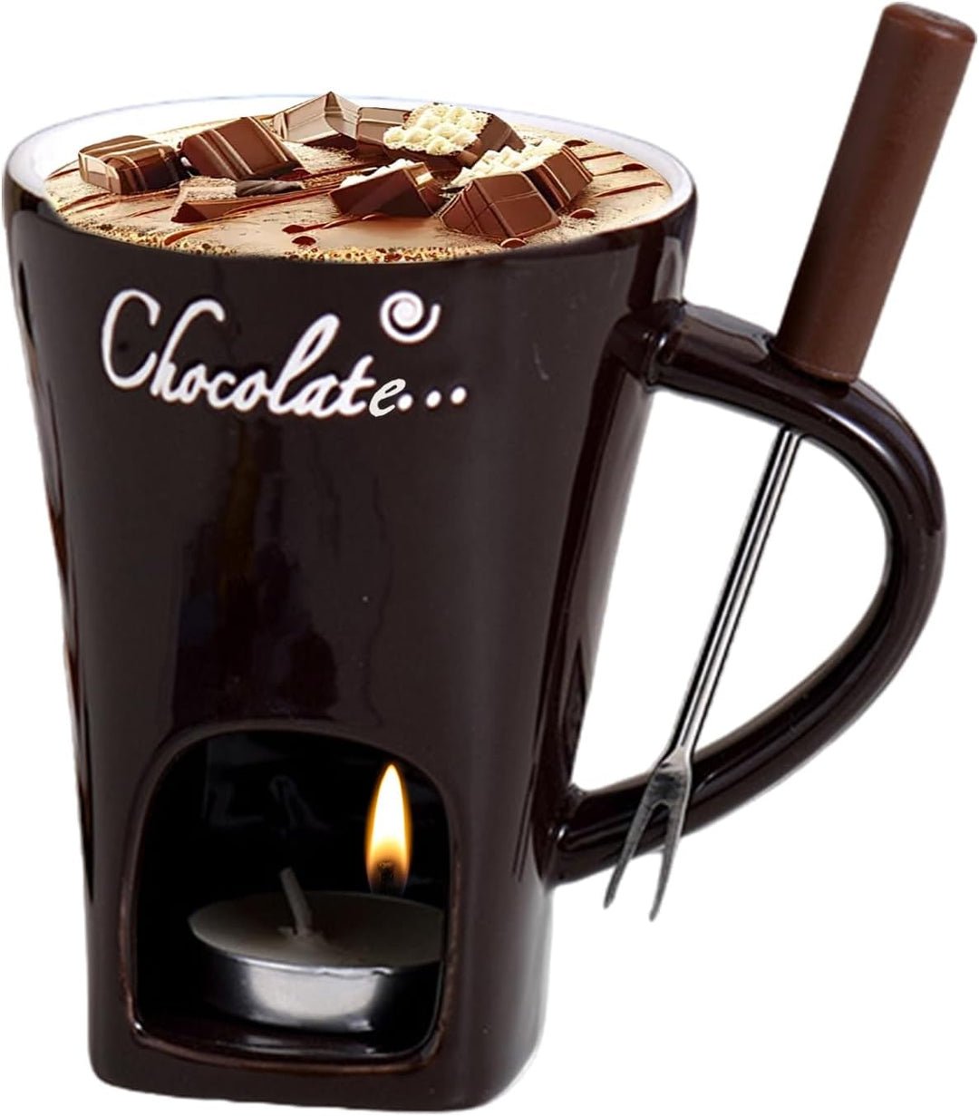 Schokoladen-Fondue-Becher mit Gabel, persönliches Schokoladen-Schmelzbecher-Fondue-Set aus Keramik m