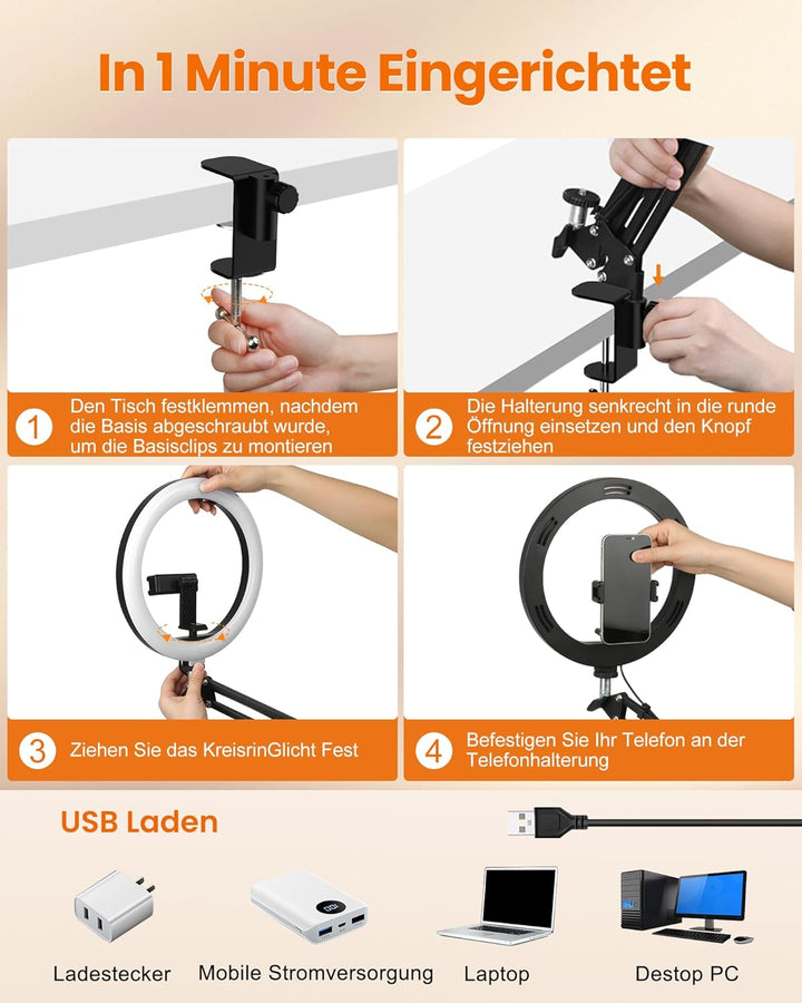 Evershop Ringlicht mit Stativ Handy Overhead,10” Ring Light mit Fernsteuerung Ringleuchte Flexibel S