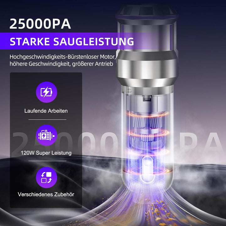 Handstaubsauger Akku, 25000Pa Akku Handstaubsauger Kabellos mit 1-Knopf-Selbstentleerung, 4-in-1 Aut