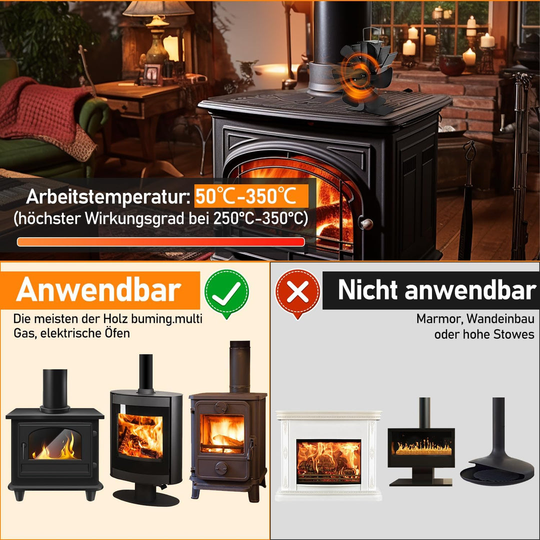Eulenke Ofenventilator ohne strom mit 6 Blättern, Kaminventilator, Ventilator für Kaminofen, Kaminve
