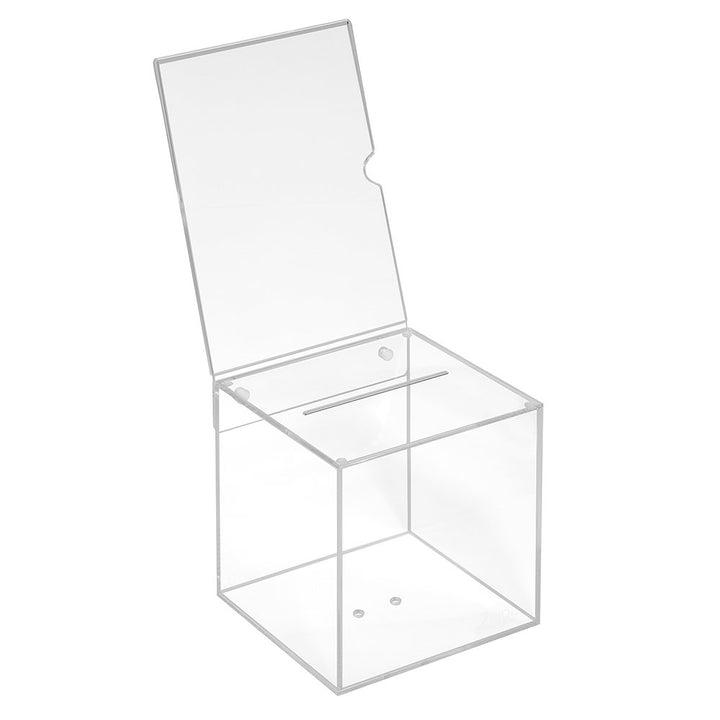 Losbox aus Acrylglas in 150x150x150mm mit Topschild DIN A5 Hoch - Zeigis® / Spendenbox/Aktionsbox/Ge