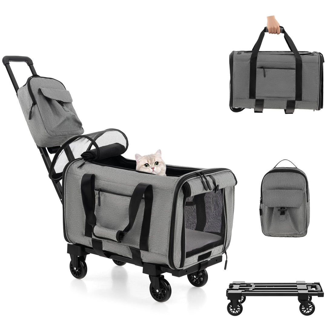 GYMAX Katzen Transportbox, Hunde Tragetasche mit Katzenrucksack & Teleskopgriff, Transporttasche mit