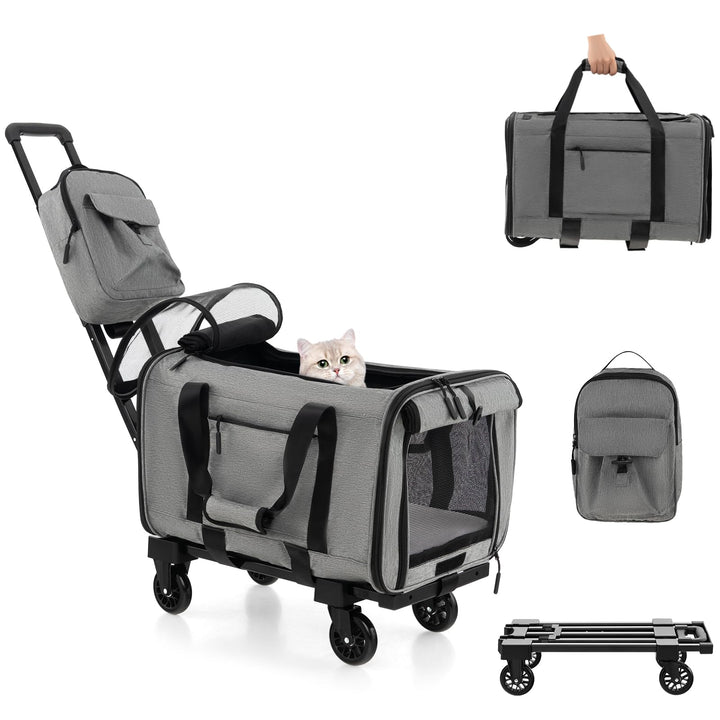 GYMAX Katzen Transportbox, Hunde Tragetasche mit Katzenrucksack & Teleskopgriff, Transporttasche mit