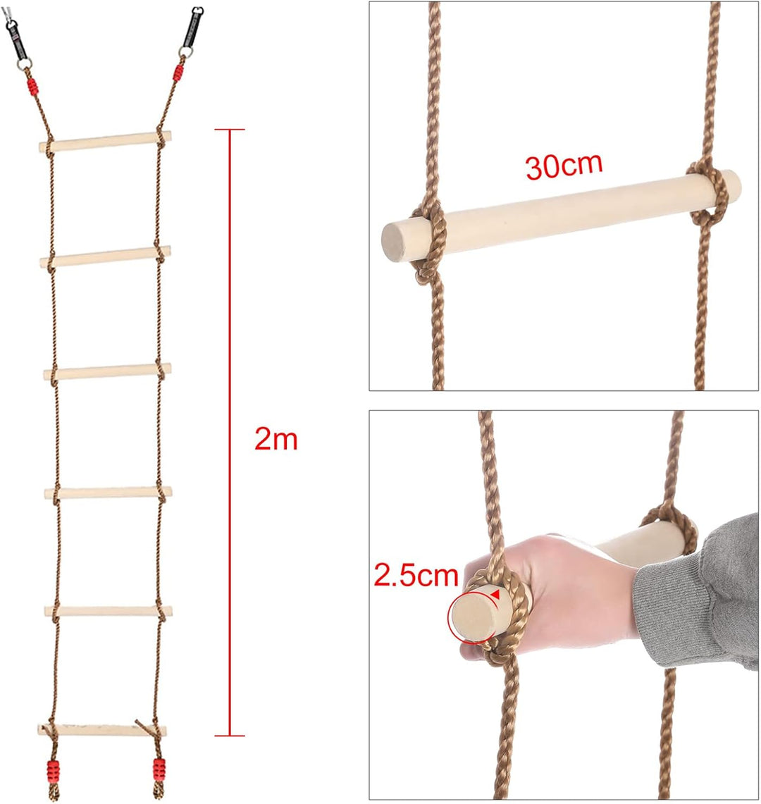 Kletterleiter Strickleiter Kinder Holz, Multifunktions Trapeze Schaukel, Holzschaukel mit 6 Sprossen