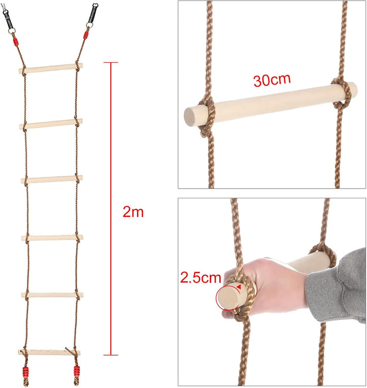 Kletterleiter Strickleiter Kinder Holz, Multifunktions Trapeze Schaukel, Holzschaukel mit 6 Sprossen