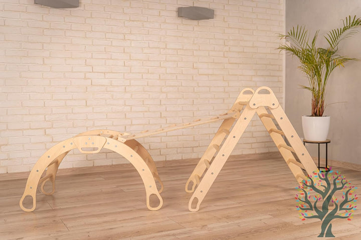 WoodsCraft 5in1 Set: Grosse Kletterbogen mit Kissen, Kinderzelt Indoor & Kletterdreieck mit 2in1: Ru