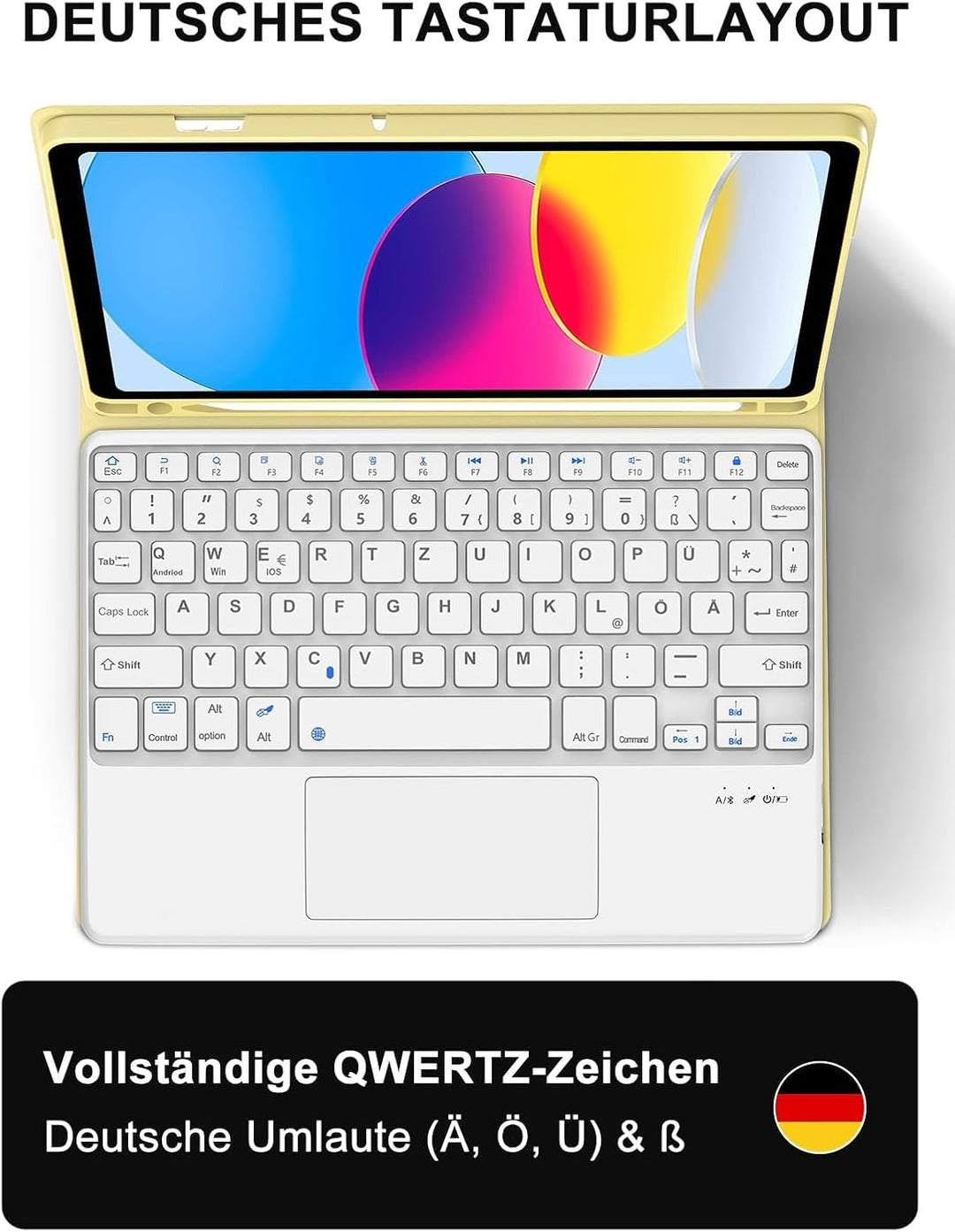 JADEMALL Hülle mit Tastatur für iPad 11./10. Generation, Mit Touchpad, Ohne Beleuchtung, QWERTZ DE L