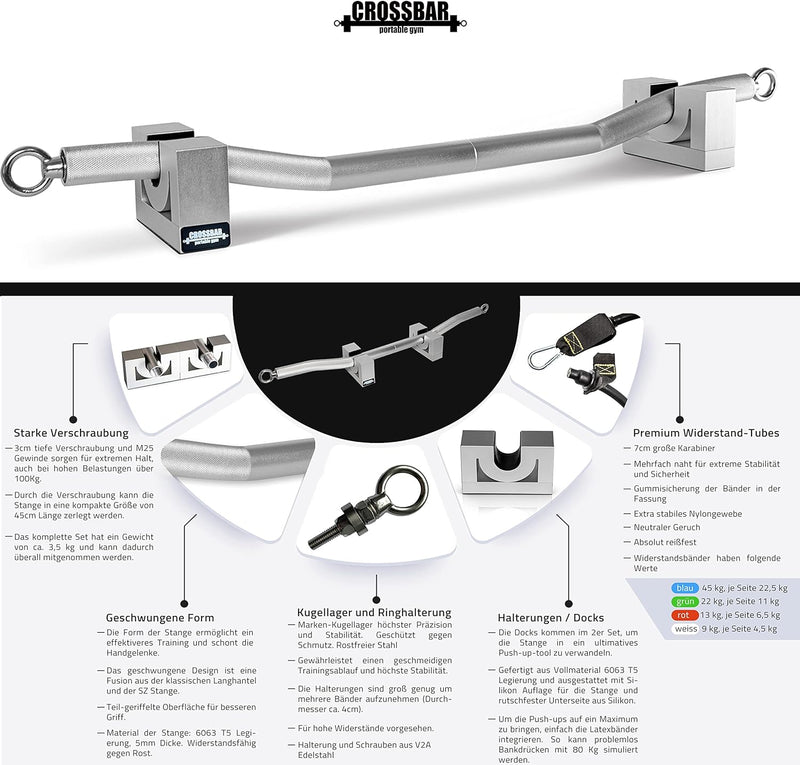 crossbar portable gym Curlstange für Fitnessbänder | 2er Widerstandsbänder Set 30Kg | Push Up | Für