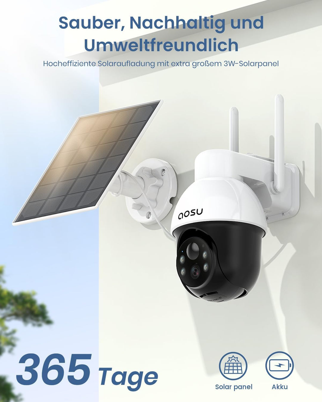 AOSU 2K Solar Überwachungskamera Aussen Akku, Kamera Outdoor mit 360°-Überwachung, Automatischer Per