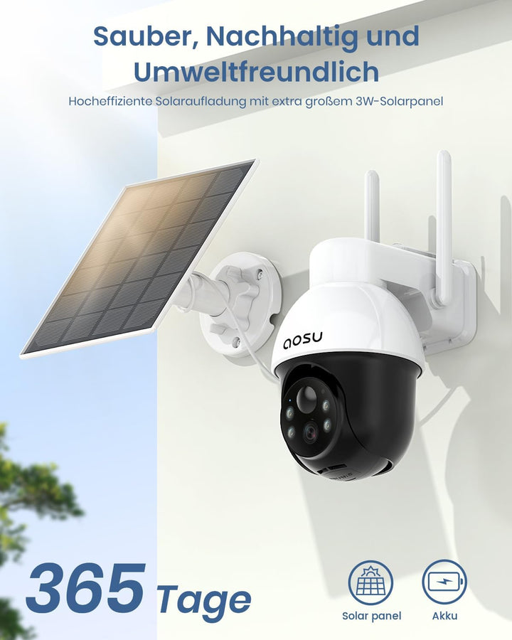 AOSU 2K Solar Überwachungskamera Aussen Akku, Kamera Outdoor mit 360°-Überwachung, Automatischer Per