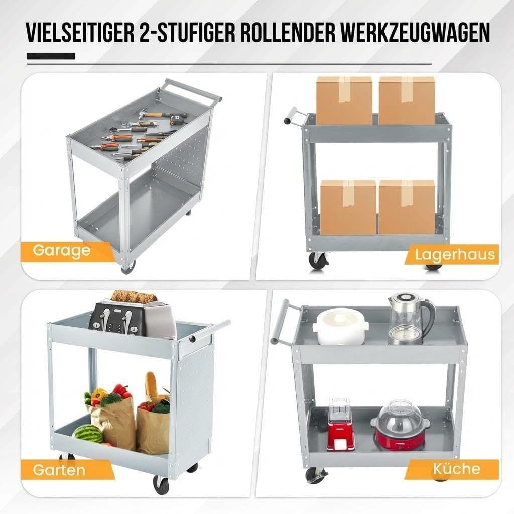 Werkzeugwagen Rollbar 2 Ebenen, Bis 150 kg Belastbar, Metall Werkstattwagen Mit Rollen und Lochwand,