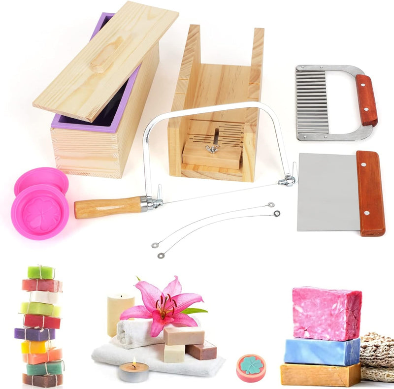 UHAPEER DIY Seifen Silikonform Set 9 Stück, Praktische Verstellbar Holz Seifenschneider Kit, Seifenh