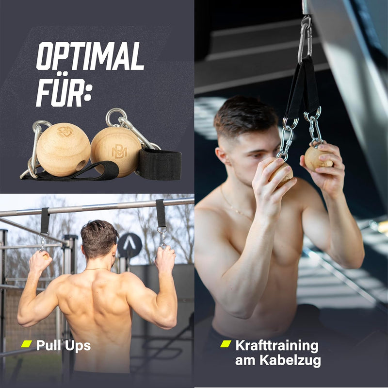 Müller & Blum Klimmzug Griffe Holz, Pull Up Balls zur Steigerung der Griffkraft, Trainingskugeln kle