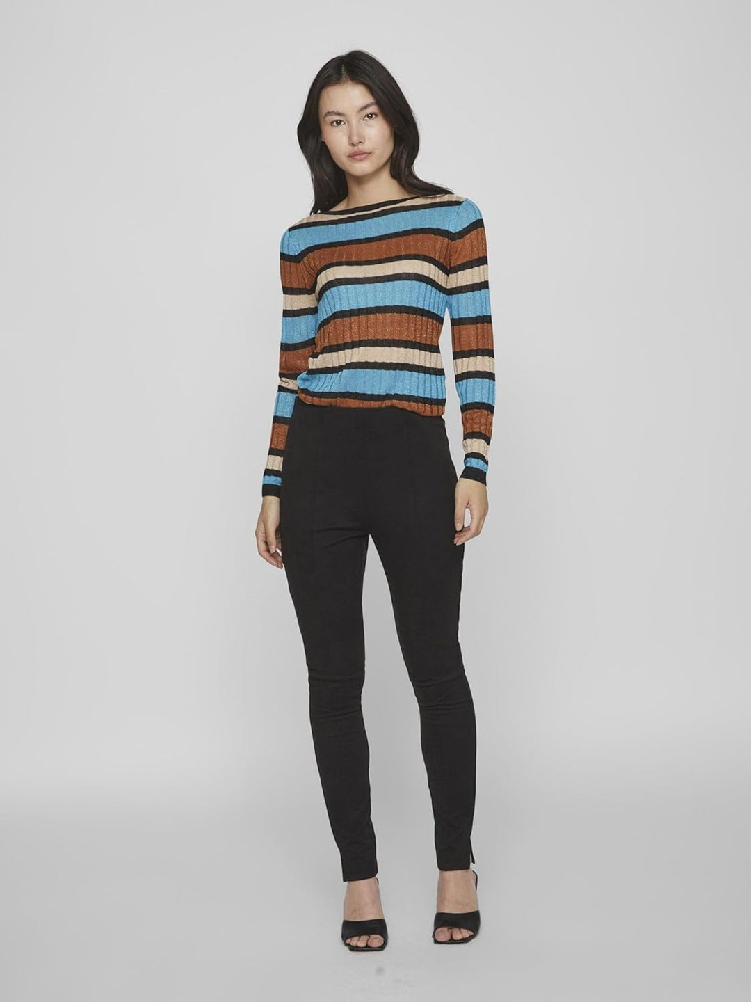 Vila Damen Viember New L/S Glitter Knit Top/Su Langarmshirt L Tahitian Teal/Stripes:doeskin/Caramel