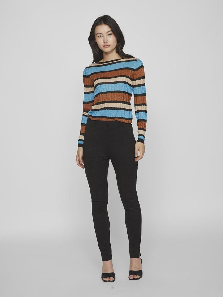 Vila Damen Viember New L/S Glitter Knit Top/Su Langarmshirt L Tahitian Teal/Stripes:doeskin/Caramel