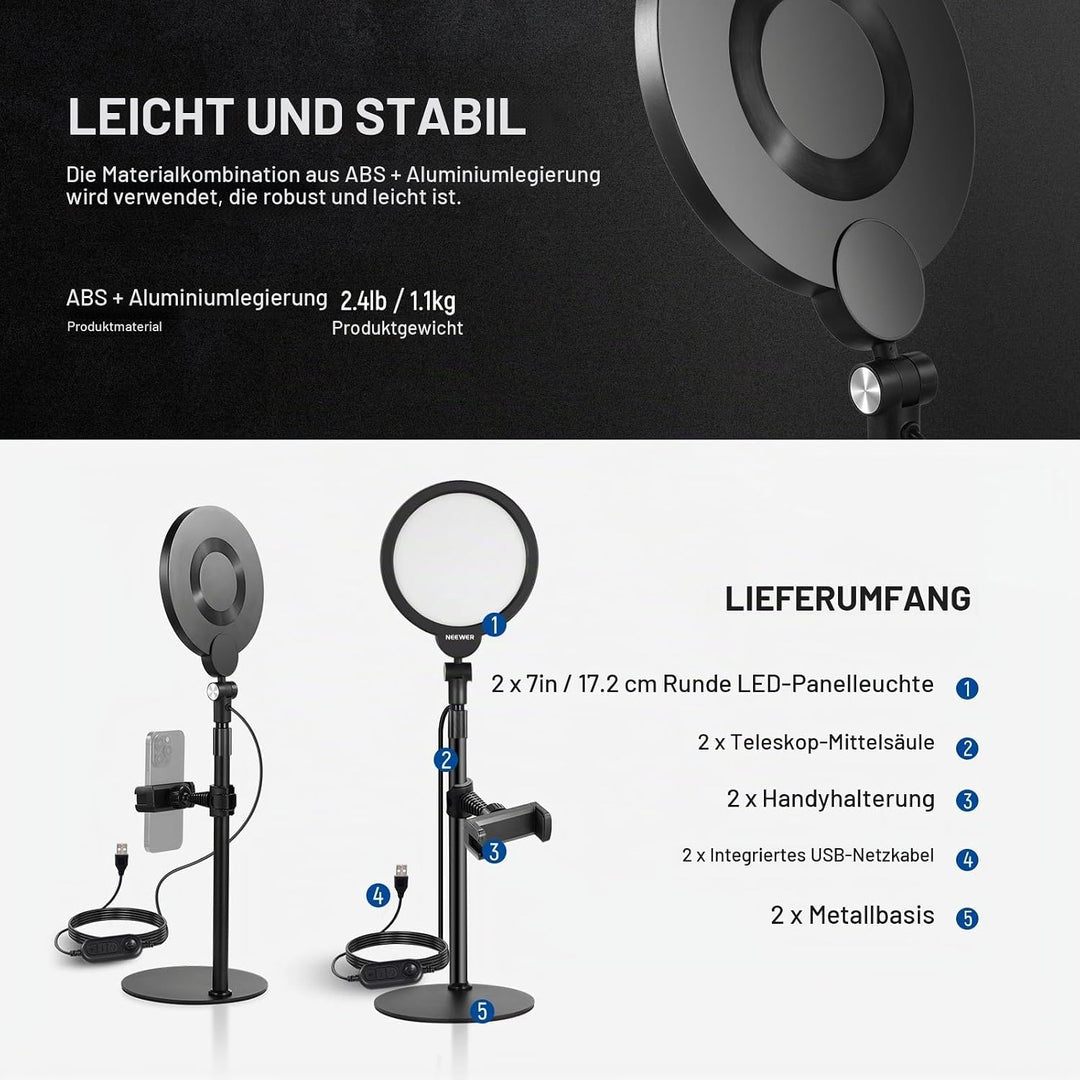 NEEWER Basics 2er 7" Tisch Ringlicht für Video Aufnehmen Dimmbare 10W Vollbild Video Key Light mit S