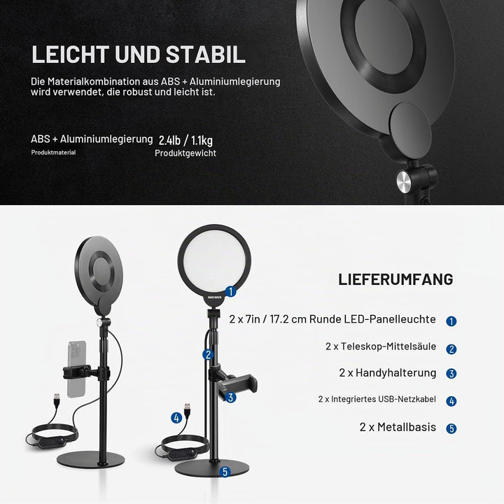 NEEWER Basics 2er 7" Tisch Ringlicht für Video Aufnehmen Dimmbare 10W Vollbild Video Key Light mit S