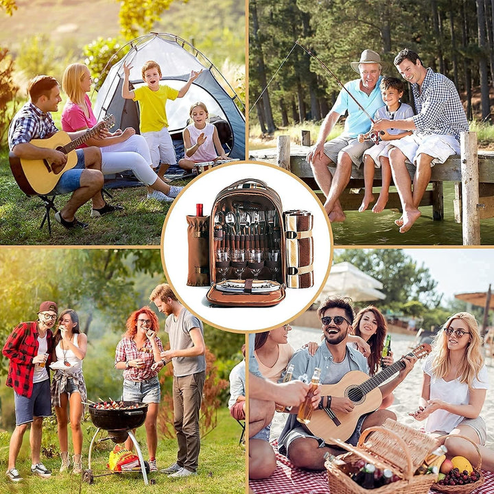 Hap Tim Picknick-Rucksack für 4 Personen mit Kühlfach, abnehmbarem Flaschen-/Weinhalter, Fleece-Deck
