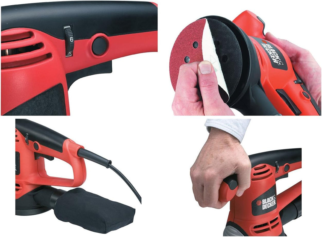 Black+Decker Exzenterschleifer (480W inklusive Staubfangsack, Klett-Fix-System, inklusive 3 Schleifs