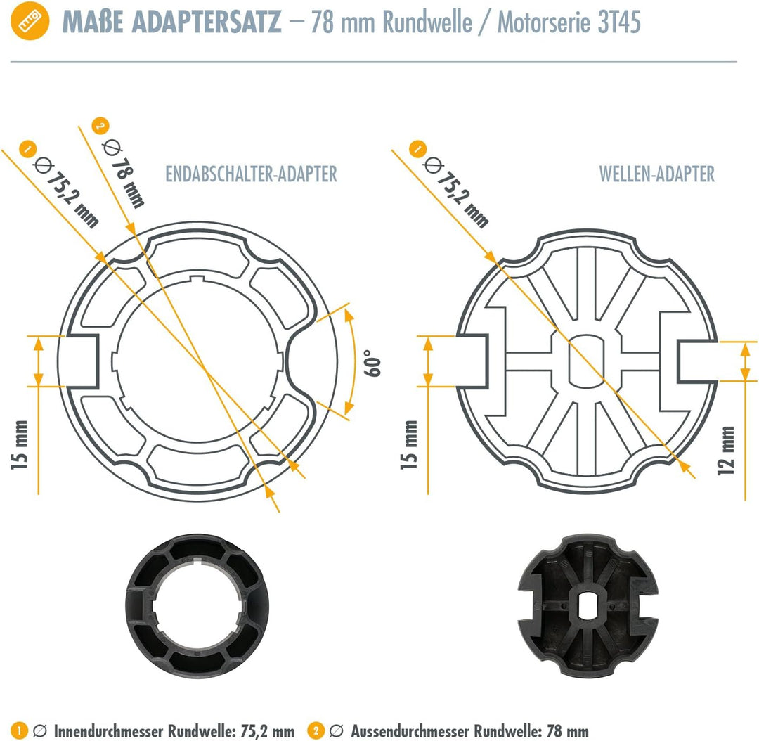 3T-MOTORS Markisenmotor Set 3T45-40 + AP-Schalter (Zugkraft 40 Nm/80 kg) für 78 mm Markisenwelle, zu