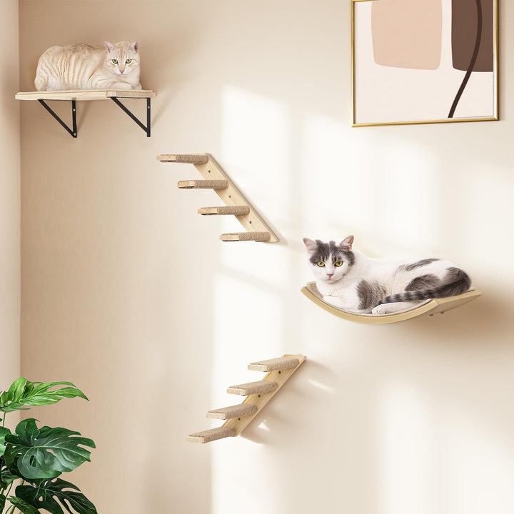 Katzen Kletterwand, Katzentreppe Wand Set mit 2 Stufen Quadratischer & Gebogenen Plattformen, Wandmo