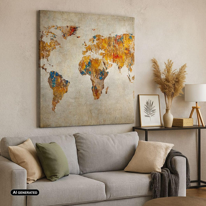 Bilder auf Leinwand 70x70cm Leinwandbild Welt Karte Kontinente Geographie Gross Wanddeko Bild Schlaf