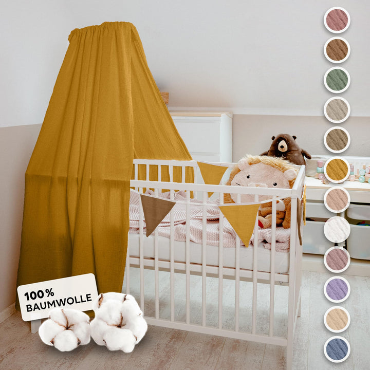 Betthimmel Babybett mit Gold Applikation in 12 Farben [inkl. Himmelstange] - Himmel Babybett aus 100