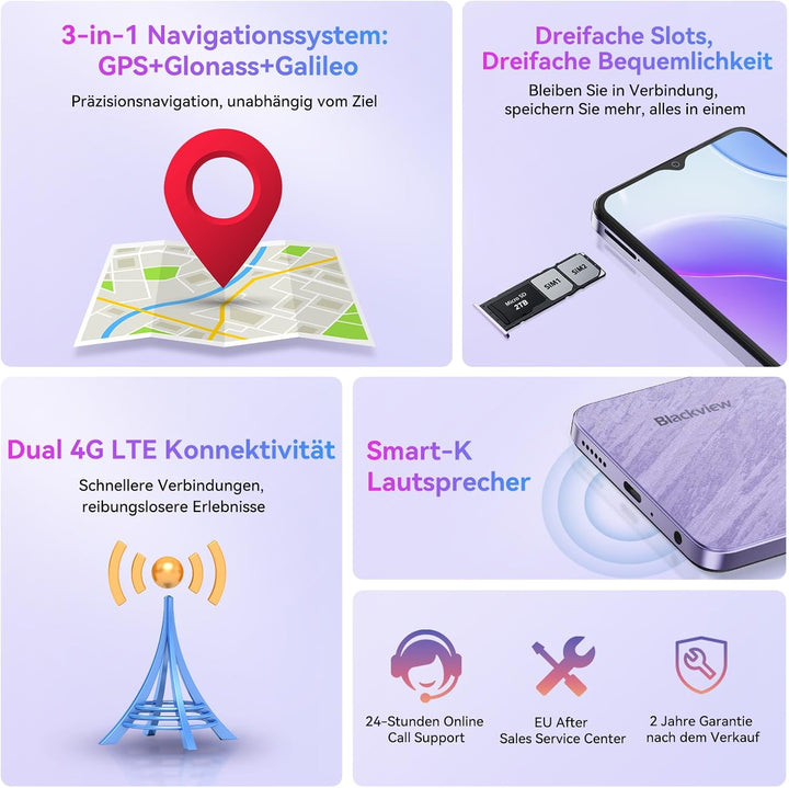 Blackview Wave 8C Handy Ohne Vertrag Günstig Android 14, 6GB+64GB/2TB SD, Octa Core 6,56" HD+, Akku