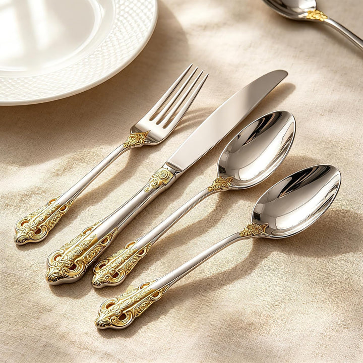 Prächtiges Barock Gold Silber 18/10 Edelstahl Besteck-Set mit 20 Teilen, rostfreies Edelstahl Bestec