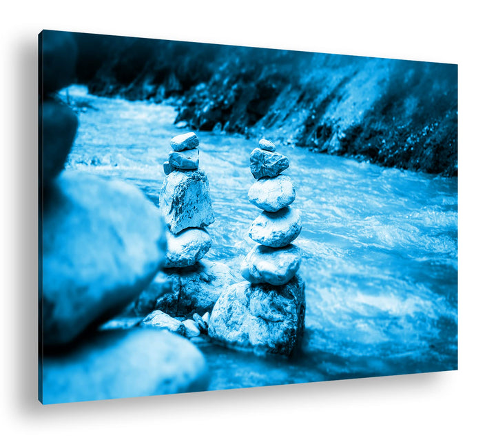 deyoli gestapelte Steine am Flussufer Format 80x60 Effekt: Monocrome Blau als Leinwandbild, Motiv fe