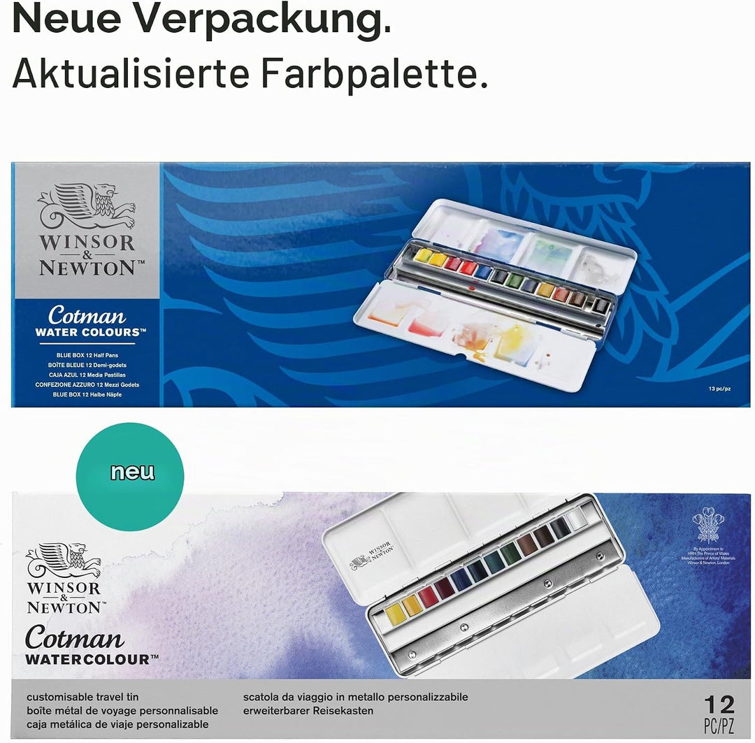 Winsor &amp; Newton 0390453 Blue Box, 12 lebendige Wasserfarben aus hochwertigen Pigmenten in 1/2 Näpfen