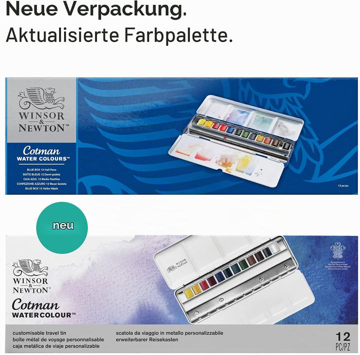 Winsor &amp; Newton 0390453 Blue Box, 12 lebendige Wasserfarben aus hochwertigen Pigmenten in 1/2 Näpfen