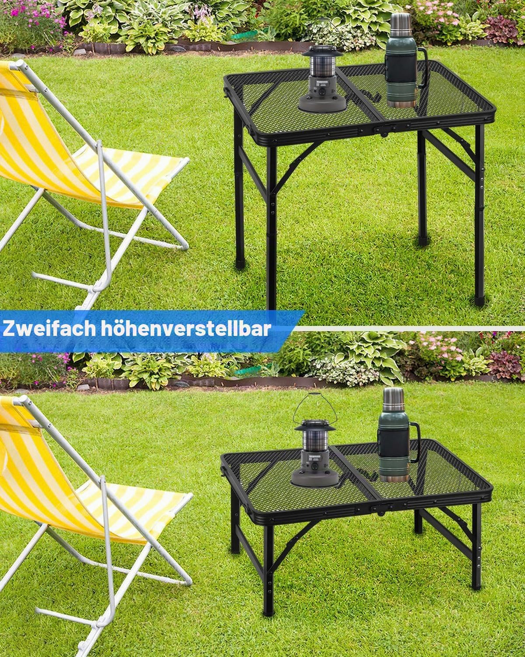 MSDADA Klappbarer Grilltisch, Höhenverstellbarer Aluminiumtisch mit Netz-Desktop und Netztasche, Tra