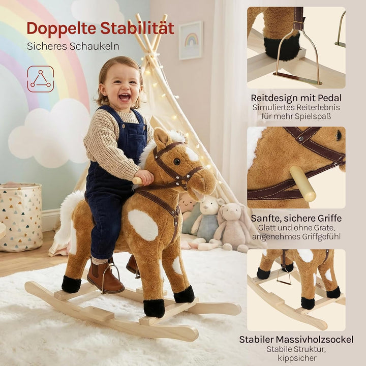 WOLTU Schaukelpferd für Babys, Spielzeug mit Tiergeräuschen und Haltegriffen, aus Plüsch und PP-Baum