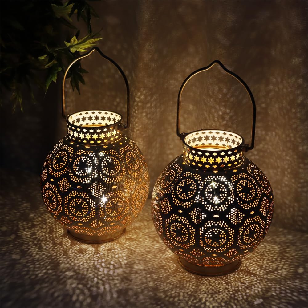 TRIROCKS Set von 2 Marokkanischen Stil Metall Tischlampe 18 cm H Batteriebetriebene Kabellose Lampe