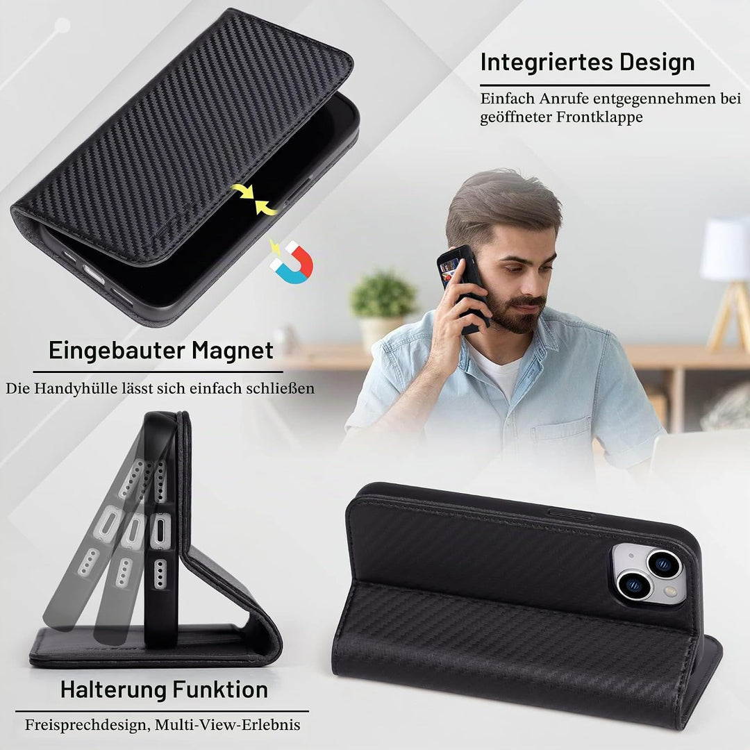VISOUL iPhone 14 Plus Hülle, Handyhülle [100% Carbon Leder] [RFID Schutz] [Schützt vor Stoss] [Stand